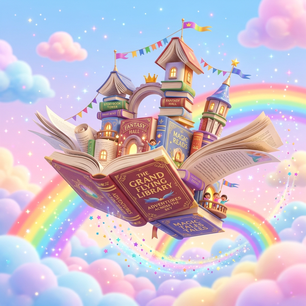 Generated animation still of a book castle flying through pastel clouds