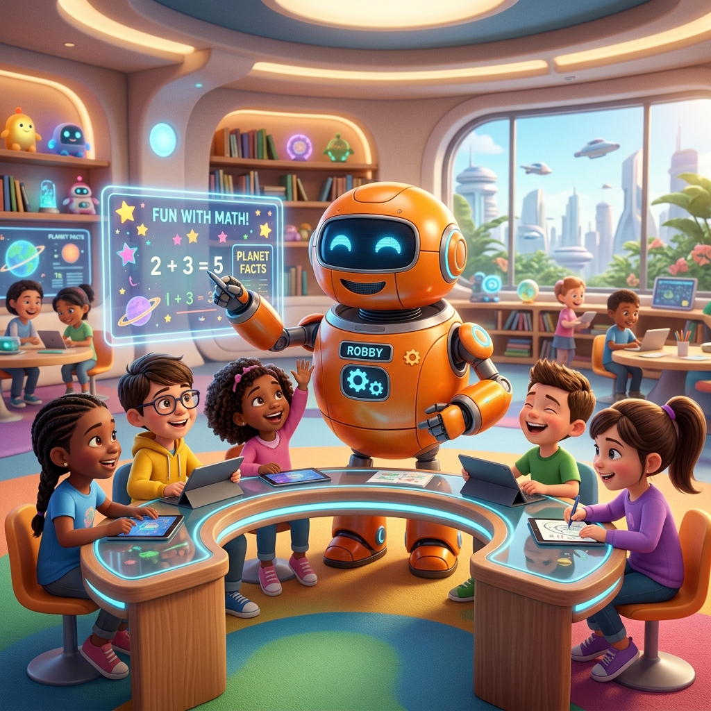 Generated animation still of a friendly robot teaching children in a classroom