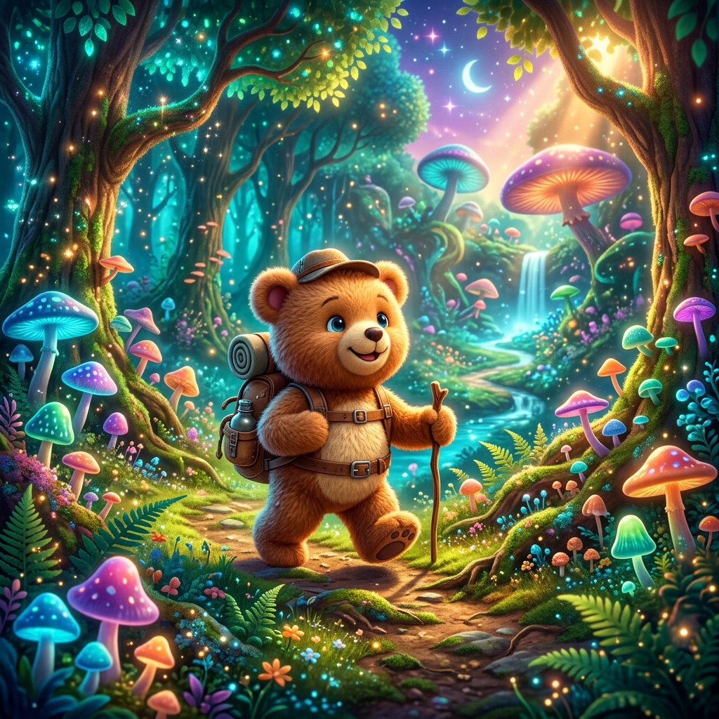 Generated animation still of a cartoon teddy bear exploring a magical forest